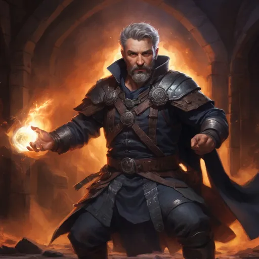 Prompt: Male stocky large mature fit battle-mage with short-cut hair and beard, engaged in combat casting an explosive-spell in a dark dungeon room, pathfinder, d&d setting, realistic, enhanced shadow quality