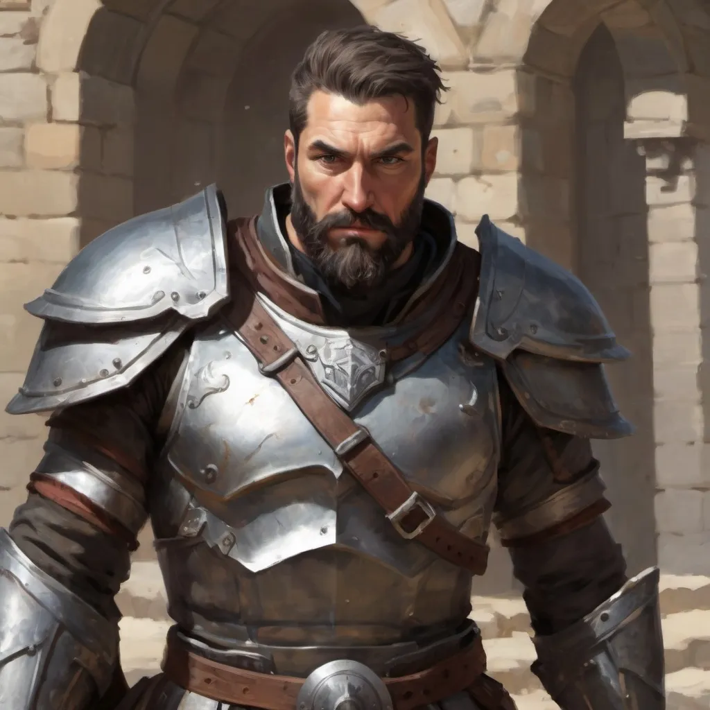 Prompt: Male heavy-set mature fit muscular large crusader with short-cut hair and beard, in a windy castleground, pathfinder, d&d setting, enhanced shadow quality