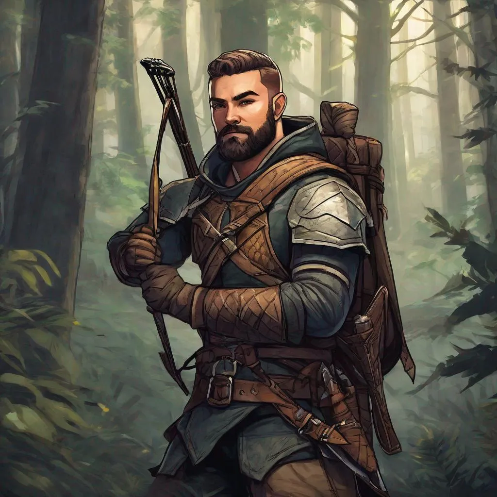 Prompt: (Full body) handsome male ranger with buzz-cut hair beard, dirt in the face, scar, manly face, holding a crossbow, pathfinder, dungeons and dragons, in a dark forest, in a painted style, realistic