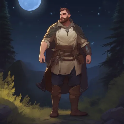 Prompt: (Full body) male stocky big-chested paladin with short hair and beard, thin open shirt on, in nature at night, pathfinder, d&d setting, in a realistic digital art style