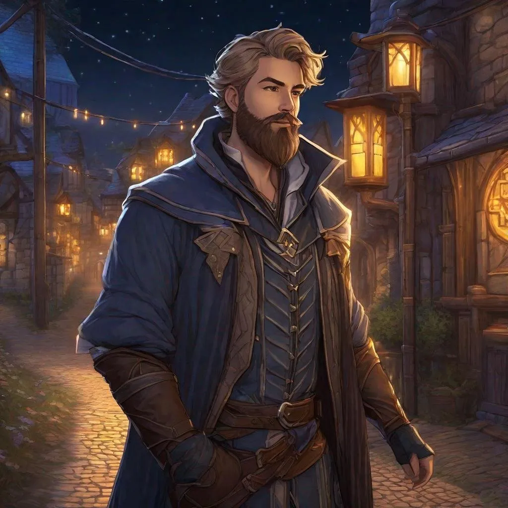 Prompt: A male alchemist with dark-blonde short hair and beard, boots, standing on a road at night, pathfinder, dungeons & dragons, in a detailed realistic digital art style