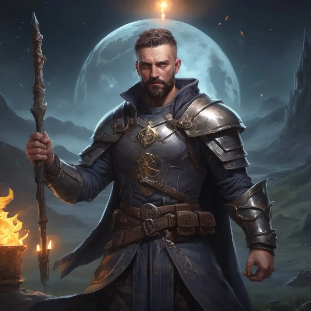 Prompt: Male stocky heavy-set crusader with short-cut hair and beard, casting a magical healing-spell out of hands, on a batle field at night, pathfinder, d&d setting, in a realistic high quality digital art style, enhanced shadow quality