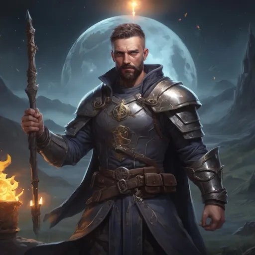 Prompt: Male stocky heavy-set crusader with short-cut hair and beard, casting a magical healing-spell out of hands, on a batle field at night, pathfinder, d&d setting, in a realistic high quality digital art style, enhanced shadow quality