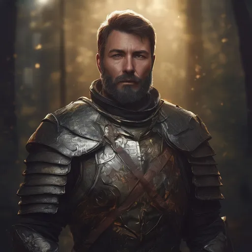 Prompt: (Full body) male handsome muscular royal armored knight with short hair and beard, in a forest village at night, pathfinder, d&d setting, in a realistic high quality digital art style