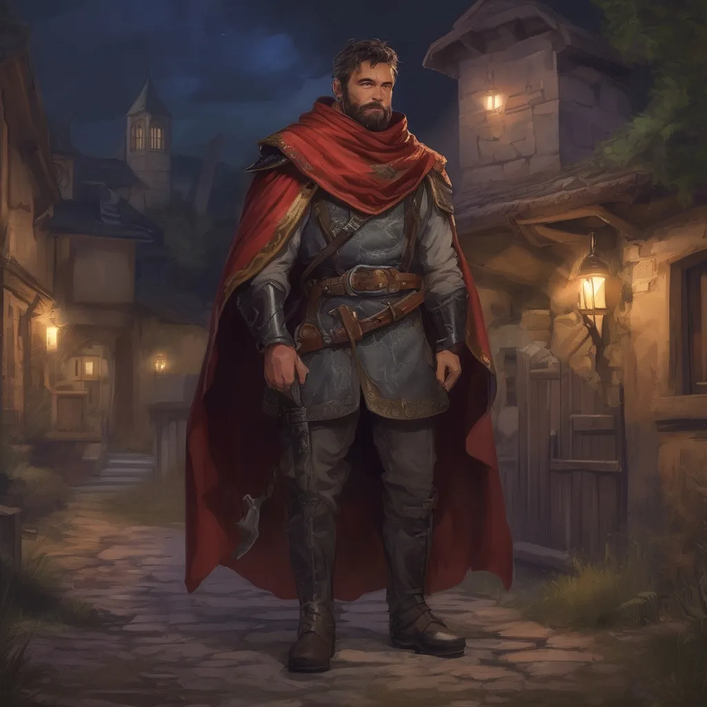 Prompt: (Full body) male manly stocky noble royal guard with dark short-cut hair and beard, in small village at night, pathfinder, d&d setting, in a realistic digital art style