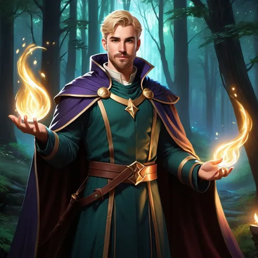 Prompt: (Full body picture) A broad-chested cleric looks like scott evans with short-cut blonde hair and short beard and mustache, holding magic. Magic around, cloak, manly, fantasy setting, dungeons and dragons, outside a forest at night, in realistic digital art style