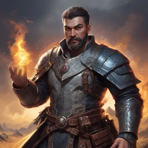 Prompt: Male stocky heavy-set large mature magical oracle with short-cut hair and beard, on a battlefield, pathfinder, d&d setting, in a realistic high quality digital art style, enhanced shadow quality, colorful