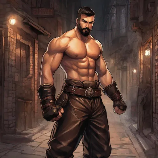 Prompt: (Full body) handsome martial fist fighter, glowing eyes with short cut hair with short beard, manly face, no shirt hairy chest, no armour, leather pants, pathfinder, dungeons and dragons, in a dark back street, in a painted style, realistic