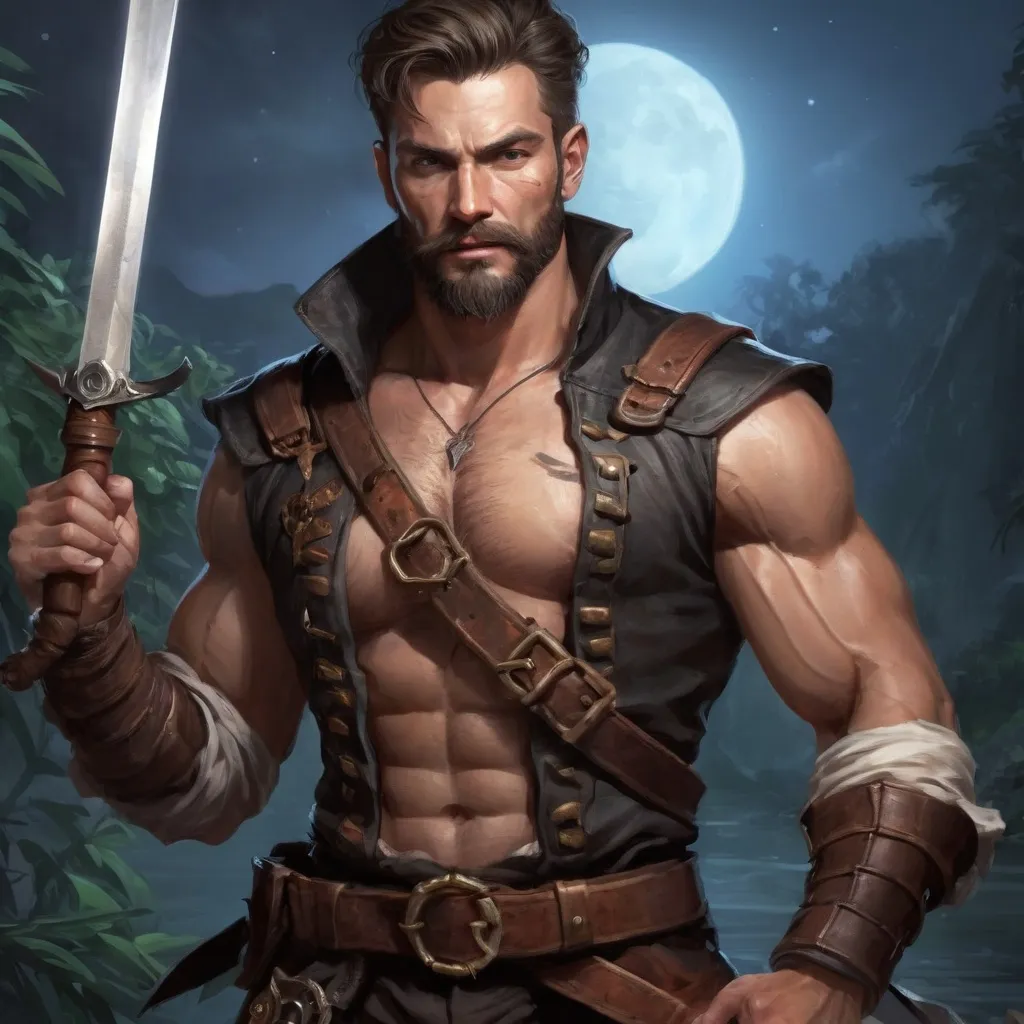 Prompt: male stocky muscular mature swashbuckler with short hair and beard, holding fantasy-weapon, in nature at night, pathfinder, d&d setting, Realistic, Enhanced shadow and light quality