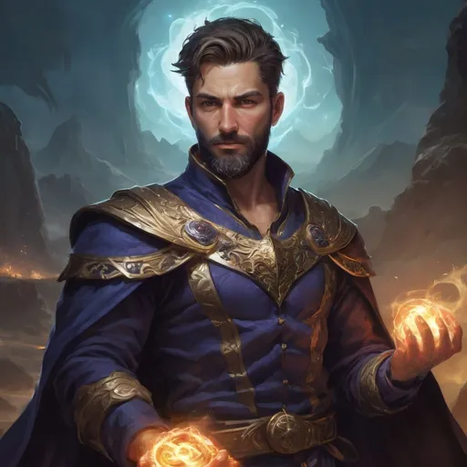 Prompt: male stocky heavy-set royal argentinian transmuter-magus with short-cut hair and beard, open shirt hairy chest, casting swirly bright spell, in windy valley at night, pathfinder, d&d setting, in a realistic high quality digital art style, enhanced shadow quality