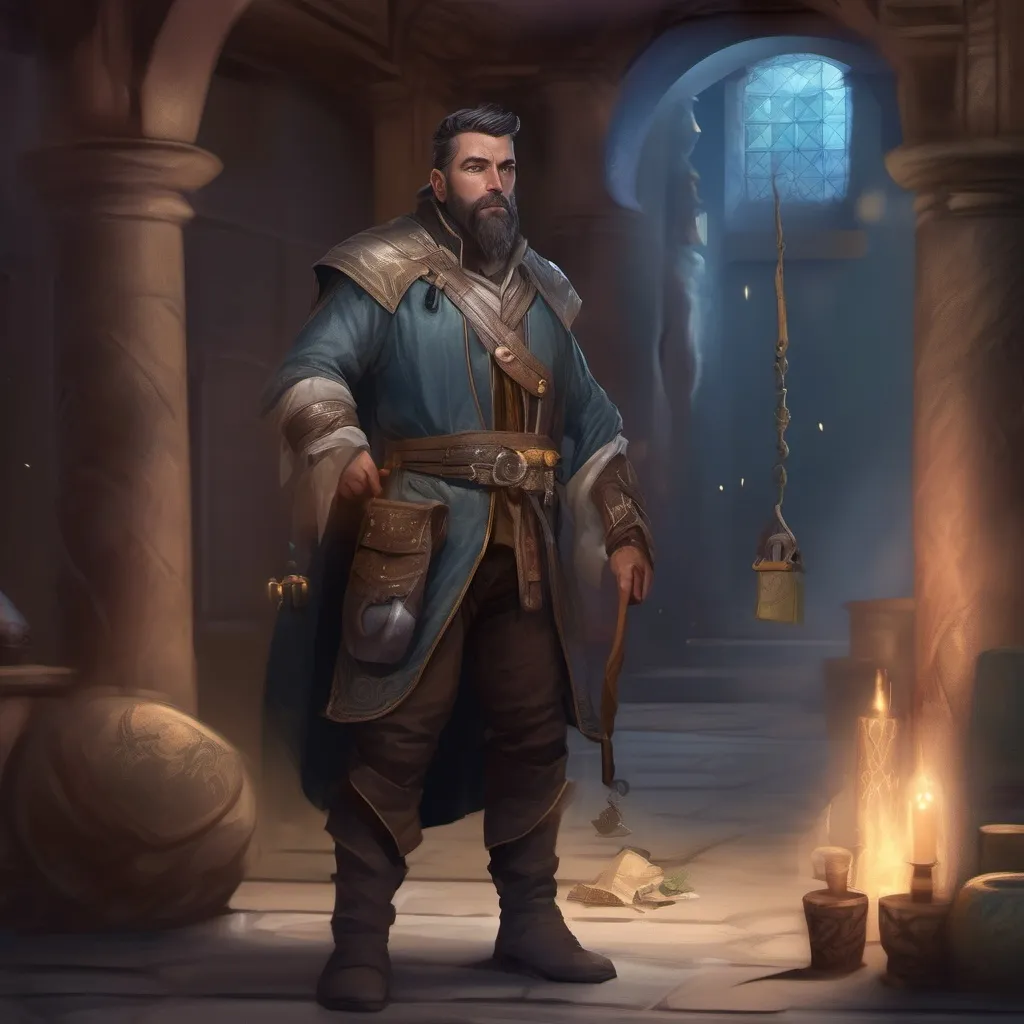 Prompt: (Full body) male stocky magus with short-cut hair and beard, in a dark magic temple dungeon, wearing magical noble robes, pathfinder, d&d setting, in a realistic digital art style