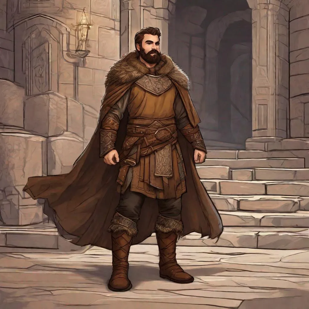 Prompt: (Fullbody) male adult druid manly face, brown short-hair short-bearded, natural  armor, hairy chest, heavy belt, brown boots, pathfinder, dungeons and dragons, dark street at night, in a painted style, realistic