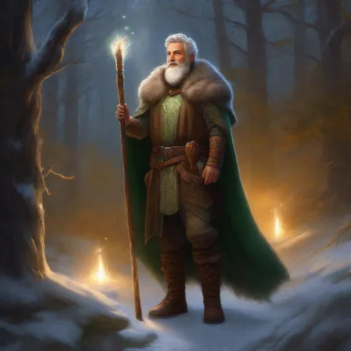 Prompt: (Full body) A male druid hairy bare chest short-cut salt and pepper hair with short-beard manly face, pathfinder, faint lights in the background, holding magic staff, dungeons and dragons, brown boots, fantasy setting, standing in a forest glade at night, in a painted style realistic art