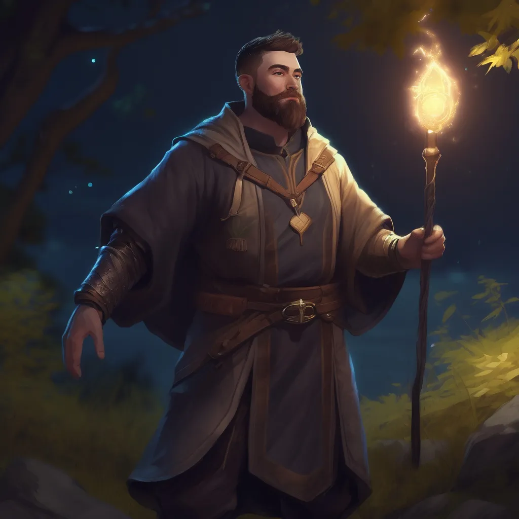 Prompt: (Full body) male magical stocky cleric with short hair and beard, in nature at night, pathfinder, d&d setting, in a realistic digital art style