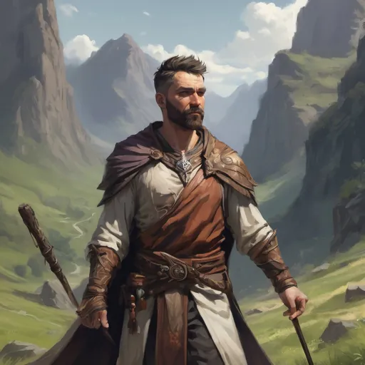 Prompt: (Torso and head) Male beefy 35-year old magus with short hair and beard, holding a magic staff, in a windy valley , pathfinder, d&d setting, enhanced shadow quality, in a digital art style