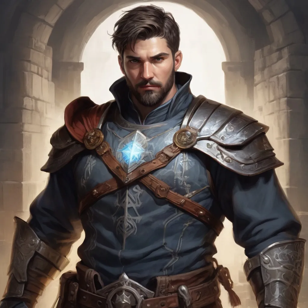 Prompt: (torso) Male stocky large handsome battle-mage with short-cut hair and beard, casting a white-spell inside a dungeon, pathfinder, d&d setting, in a realistic high quality digital art style, enhanced shadow quality