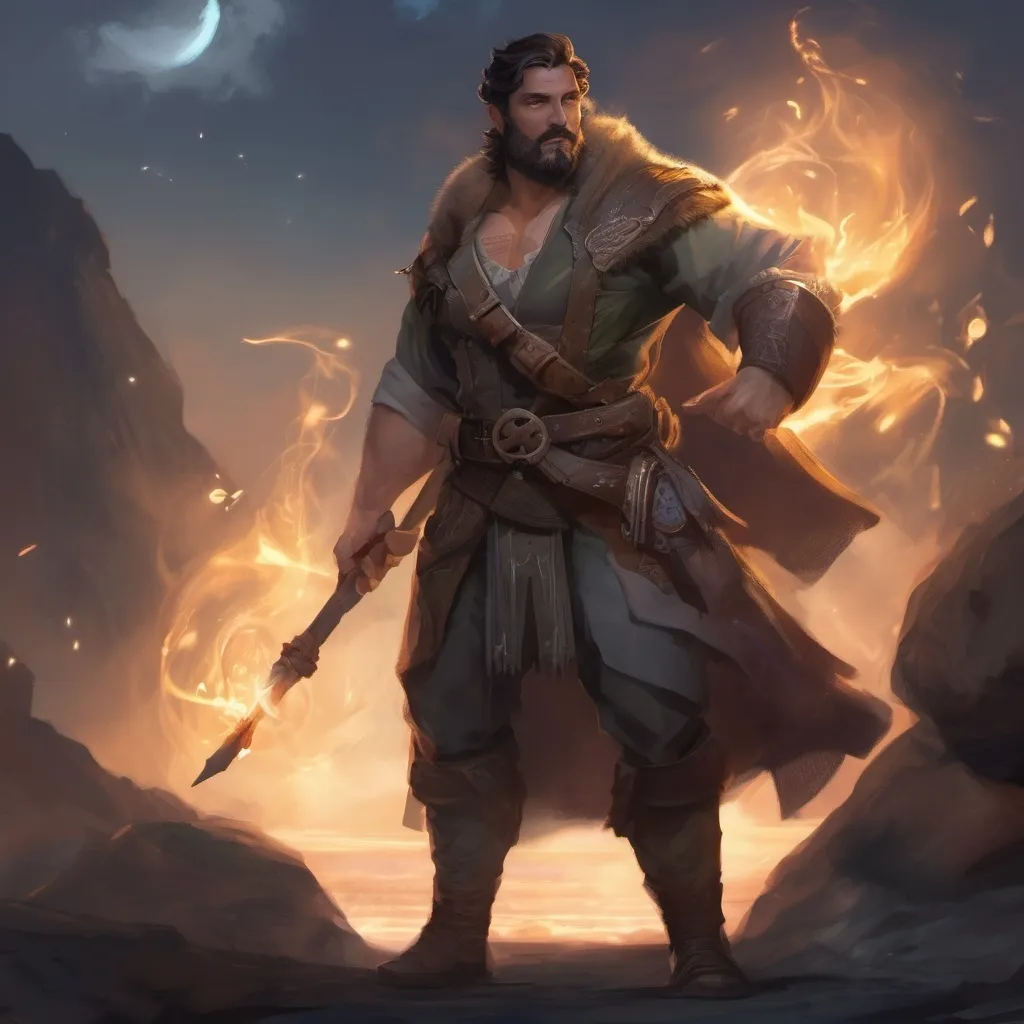 Prompt: (Full body) male stocky ranger with short-cut hair and beard, no shirt on, hairy chest, casting a swirly nature-spell, in nature at night pathfinder, d&d setting, in a realistic digital art style