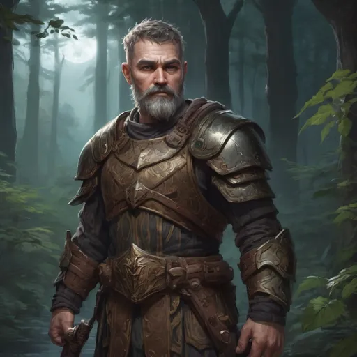 Prompt: Male stocky heavy-set mature fantasy-druid with short-cut hair and beard, nature-armour, outside of fantasy forest at night, pathfinder, d&d setting, in a realistic high quality digital art style, enhanced shadow quality