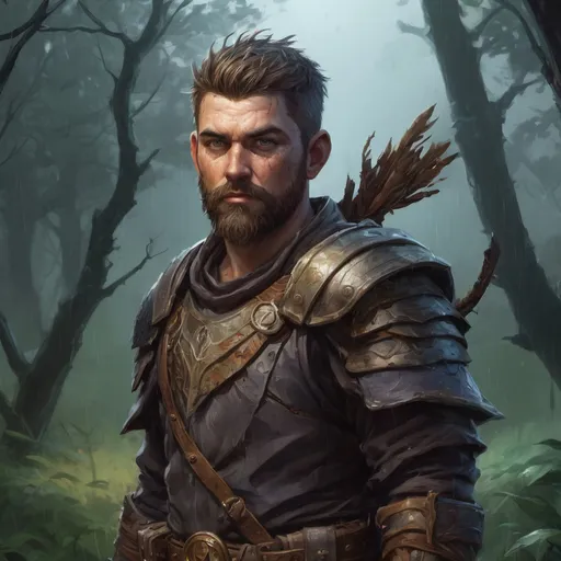 Prompt: Male stocky heavy-set warrior-druid with short-cut hair and beard, in a thicket battlefield in a rainstorm, pathfinder, d&d setting, in a realistic high quality digital art style, enhanced shadow quality, colorful