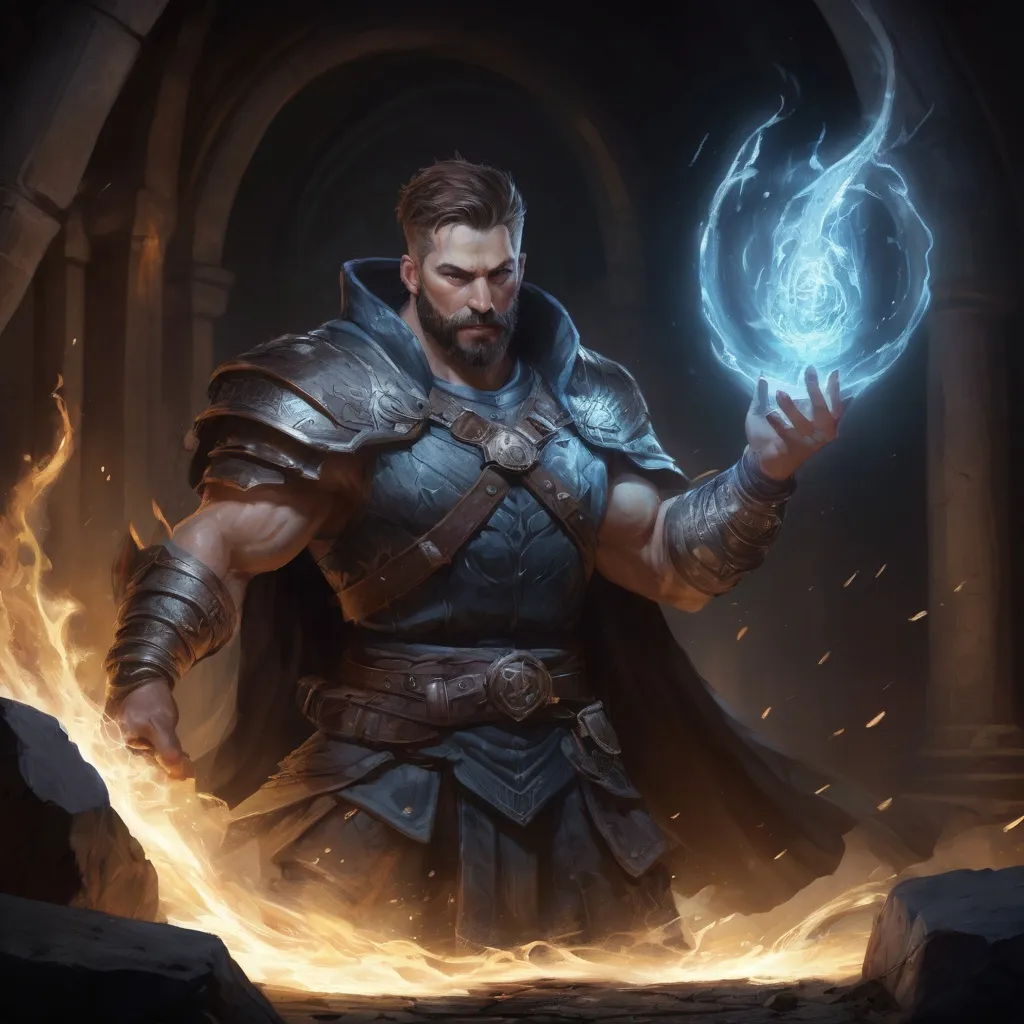 Prompt: Male stocky large muscular battle-mage with short-cut hair and beard, engaged in combat casting a white-light spell inside of a dark dungeon, pathfinder, d&d setting, realistic, enhanced shadow quality, colorful