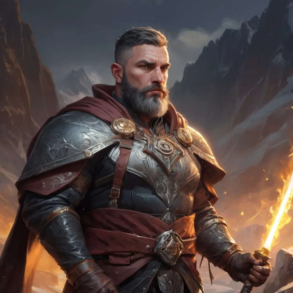 Prompt: Male heavy-set fit fat beefy 37-year old hunky oracle with short-cut hair and beard, holding magic fantasy-weapon, on a windy mountain field, pathfinder, d&d setting, enhanced shadow quality