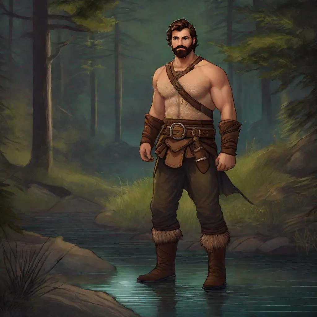 Prompt: (Fullbody) male large adult ranger manly face, brown short-hair short-bearded, no shirt very hairy chest, heavy belt, brown boots, pathfinder, dungeons and dragons, dark forest by a lake at midnight, in a painted style, realistic