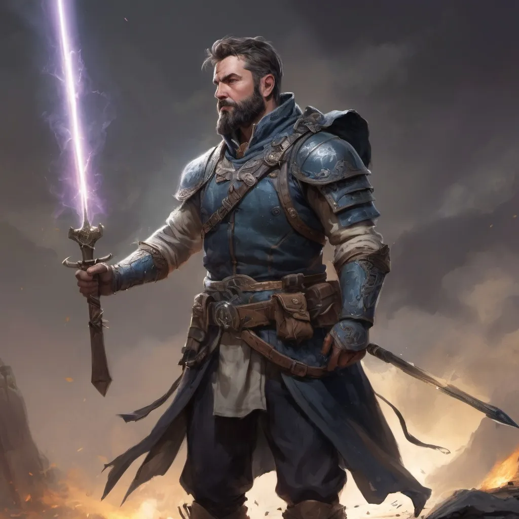 Prompt: (torso) Male heavy-set mature fit magical halbardier with short-cut hair and beard, holding fantasy-weapon, in movement, in a windy battlefield, pathfinder, d&d setting, enhanced shadow quality