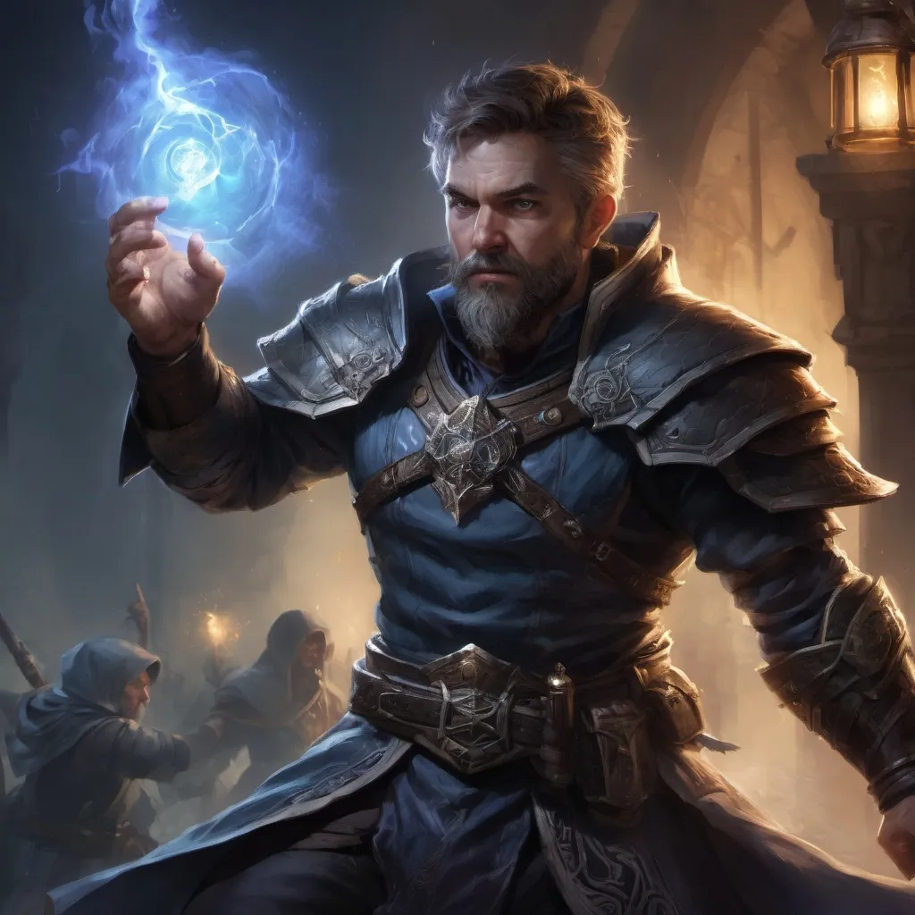 Prompt: Male stocky large mature fit battle-mage with short-cut hair and beard, engaged in combat casting a light-spell in dark nature at night, pathfinder, d&d setting, realistic, enhanced shadow quality