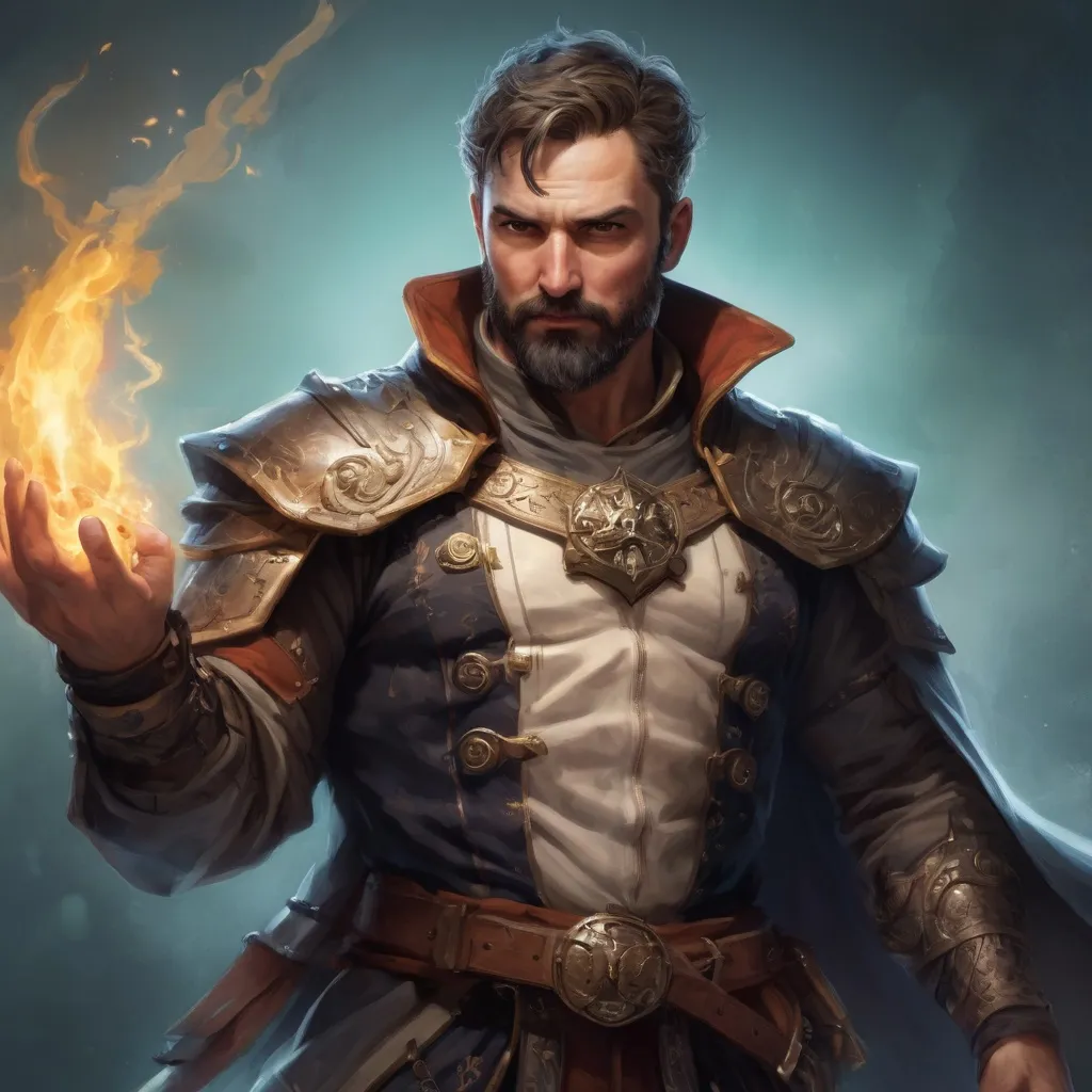 Prompt: (torso) Male stocky large mature fit battle-mage with short-cut hair and beard, engaged in combat casting a light-spell  nature, pathfinder, d&d setting, realistic, enhanced shadow quality