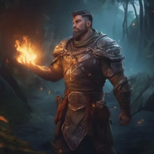 Prompt: (Full body) male handsome large muscular magical warlock with short hair and beard, outside of a cave by a forest at night, pathfinder, d&d setting, in a realistic high quality digital art style