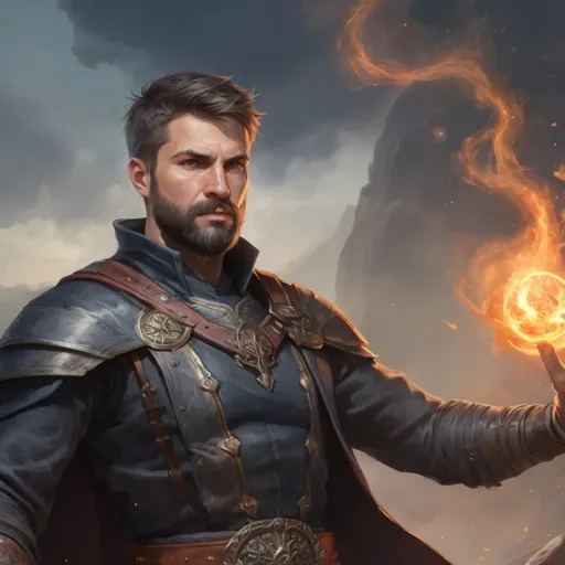 Prompt: (head and torso) Male heavy-set fit 30-year old hunky sorcerer with short-cut hair and beard, holding magic-spell, on a windy battlefield, pathfinder, d&d setting, enhanced shadow quality