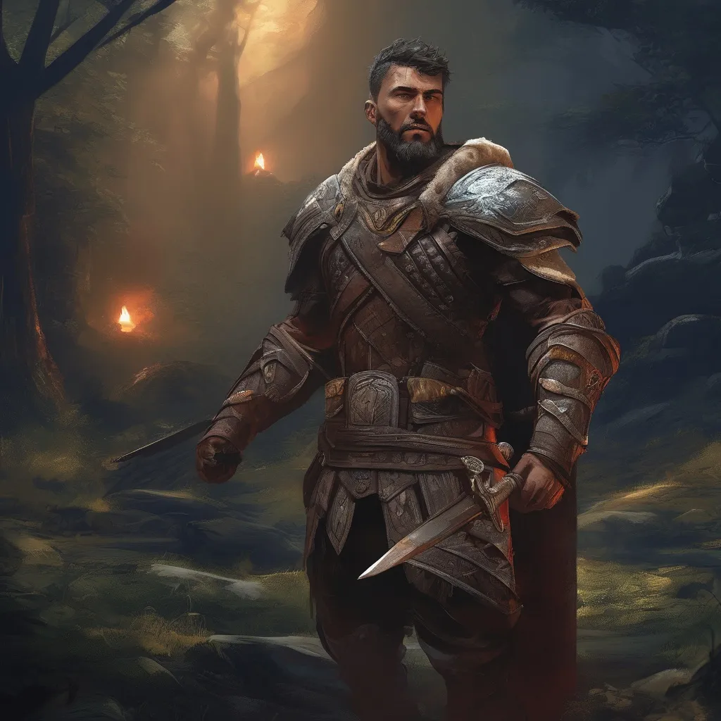 Prompt: (Full body) male handsome large muscular young albanian warrior with short hair and beard, outside of a cave by a forest at night, pathfinder, d&d setting, in a realistic high quality digital art style