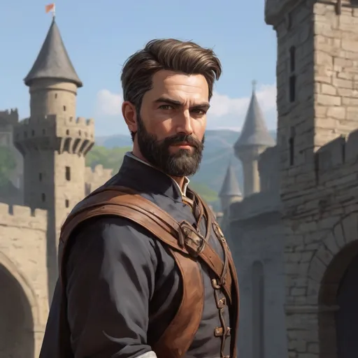 Prompt: Male heavy-set mature fit royal spy with short-cut hair and beard, in a windy castleground, pathfinder, d&d setting, enhanced shadow quality