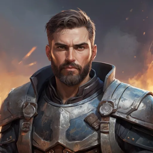 Prompt: Male heavy-set mature marskman with short-cut hair and beard, on a battlefield, in combat, pathfinder, d&d setting, in a realistic high quality digital art style, enhanced shadow quality, colorful