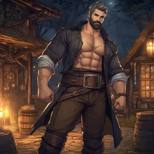 Prompt: (Full body) handsome mature short-haired fighter in with no shirt on, hairy chest, handsome face, beard, fantasy setting, boots, belt, standing outside a tavern in the woods at night, in a realistic digital style