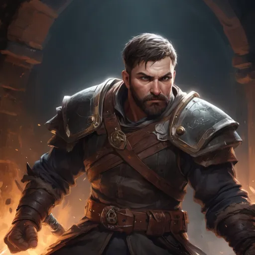 Prompt: Male stocky large mature fighter with short-cut hair and beard, engaged in combat inside of a dark dungeon, pathfinder, d&d setting, in a realistic high quality digital art style, enhanced shadow quality, colorful