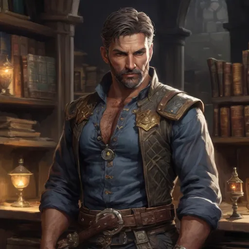 Prompt: (torso) Male stocky mature noble marksman, with short hair and beard, open shirt, hairy chest, in a dark library in a castle, pathfinder, d&d setting, enhanced shadow quality, colorful