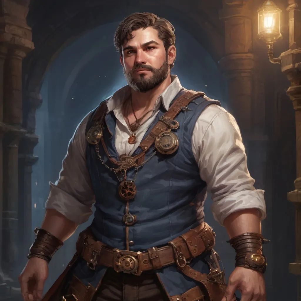 Prompt: Male stocky heavy-set steampunk engineer with short-cut hair and beard, big belly, inside a temple dungeon at night, pathfinder, d&d setting, in a realistic high quality digital art style, enhanced shadow quality