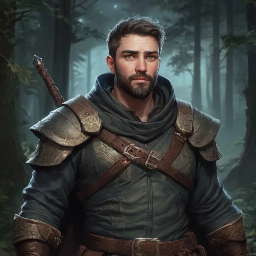 Prompt: Male stocky heavy-set mature fantasy-ranger with short-cut hair and beard, outside of fantasy forest at night, pathfinder, d&d setting, in a realistic high quality digital art style, enhanced shadow quality