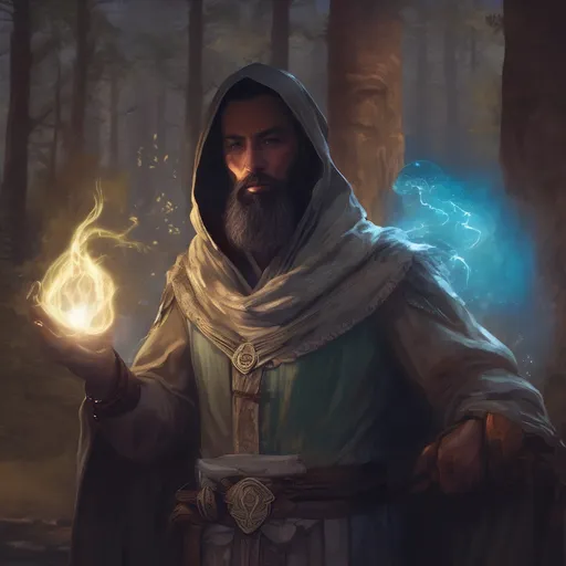 Prompt: (Full body) male large arab druid with short-cut hair and beard, casting a magical spell, outside of a forest at night, pathfinder, d&d setting, in a realistic digital art style