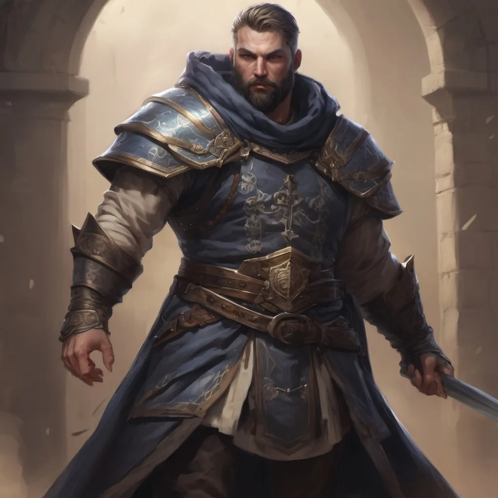 Prompt: (Full body) male stocky masculine manly hunky royal cleric with short hair and beard, hairy chest, in a dark battle field, pathfinder, d&d setting, in a realistic high quality digital art style