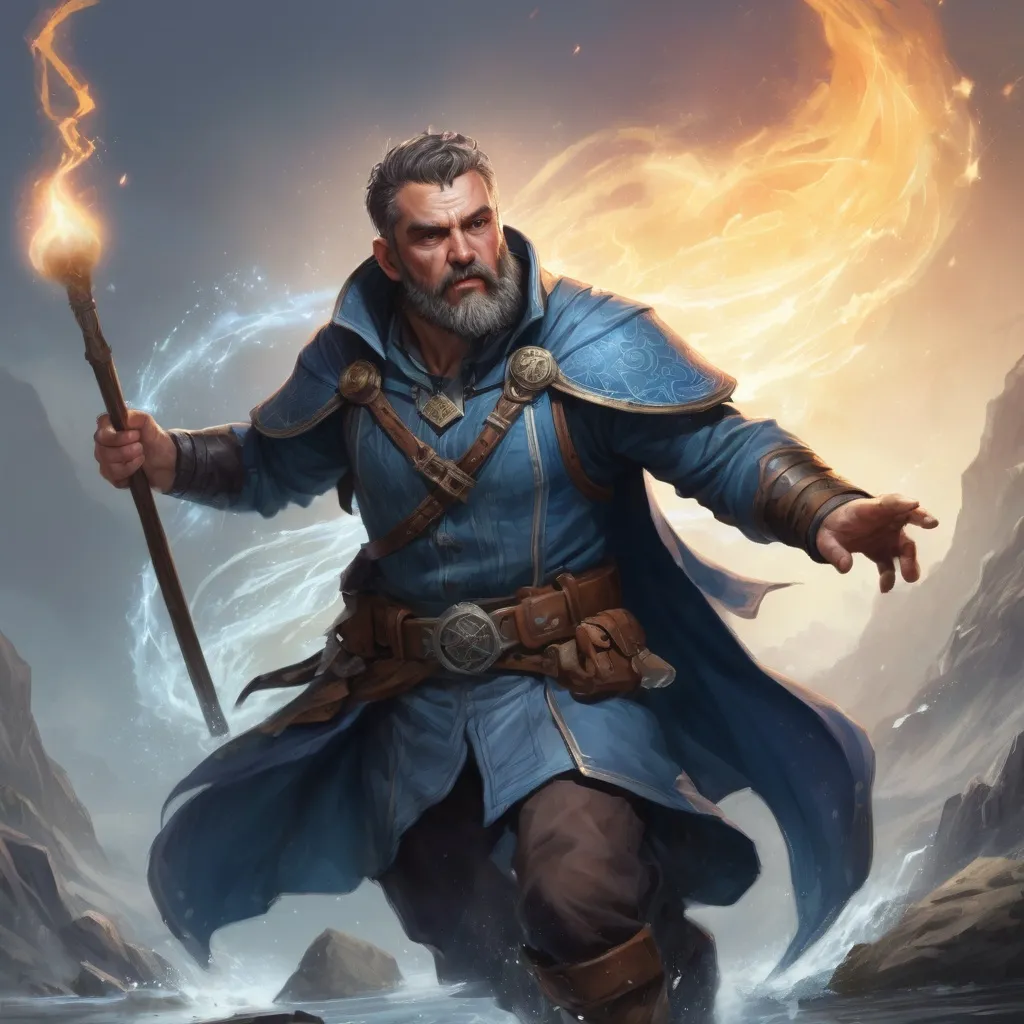 Prompt: Male stocky heavy-set mature water-mage with short-cut hair and beard, on a battlefield, in combat, casting a spell, pathfinder, d&d setting, in a realistic high quality digital art style, enhanced shadow quality, colorful