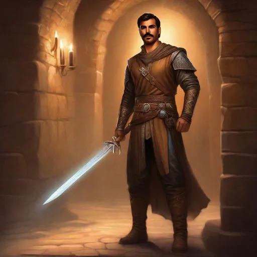 Prompt: (Full body) a male arab fighter with mustache and stubble light-brown short-cut hair, handsome manly face, belt, boots, leather pants, standing in a dark dungeon, fantasy setting, dungeons & dragons, in a painted style realistic art