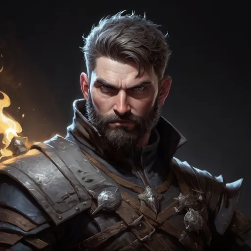 Prompt: Male stocky large mature fighter with short-cut hair and beard, exploring a dark dungeon fighter a shadow-monster, pathfinder, d&d setting, in a realistic high quality digital art style, enhanced shadow quality, colorful
