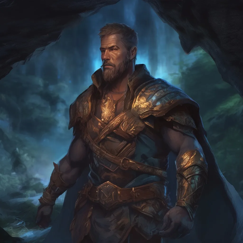 Prompt: (Full body) male handsome large muscular magical mystic with short hair and beard, outside of a cave by a forest at night, pathfinder, d&d setting, in a realistic high quality digital art style