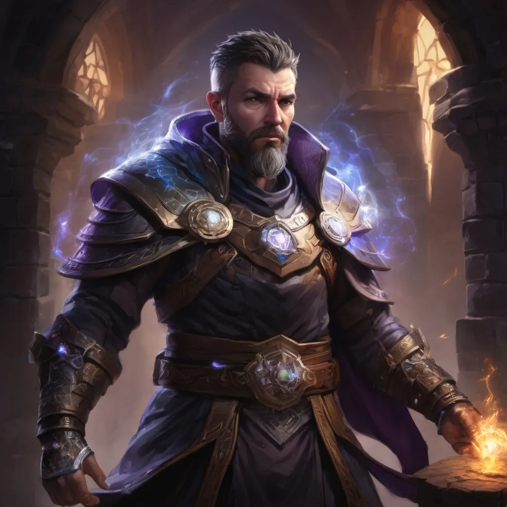 Prompt: Male stocky large mature arcane-mage with short-cut hair and beard, engaged in combat casting a prismatic-light spell inside of a dark dungeon, pathfinder, d&d setting, in a realistic high quality digital art style, enhanced shadow quality, colorful