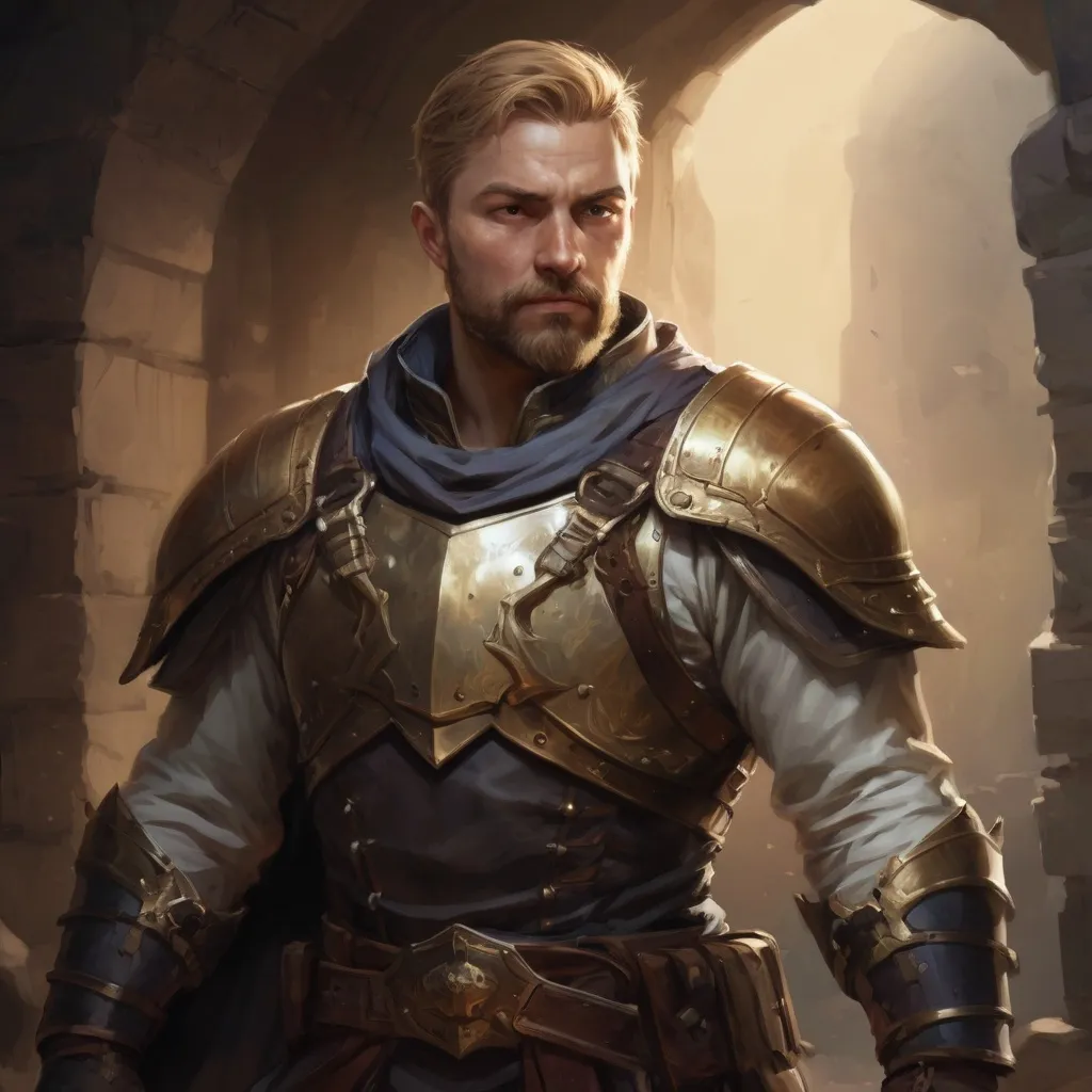Prompt: Male stocky warrior in  a breastplate, with short dark-blonde hair and beard, exploring a dark dungeon, pathfinder, d&d setting, in a realistic high quality digital art style, enhanced shadow quality, very colorful