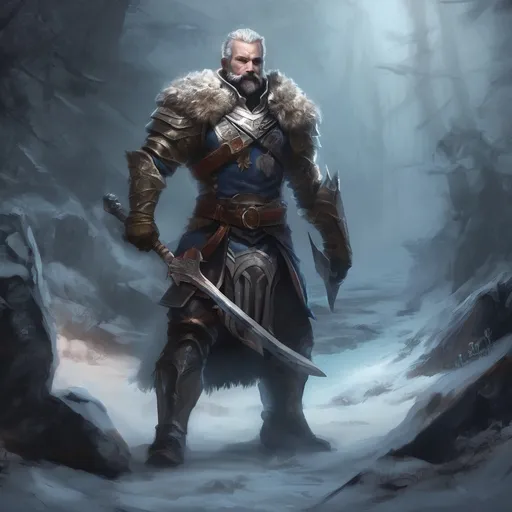 Prompt: (Full body) male handsome large muscular arctic knight with short hair and beard, outside of a cave by a forest at night, pathfinder, d&d setting, in a realistic high quality digital art style