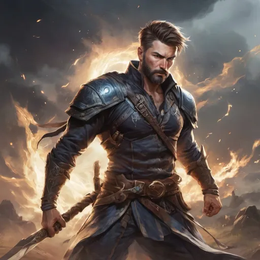 Prompt: (torso) Male heavy-set mature fit magical battle-mage with short-cut hair and beard, holding fantasy-weapon, in movement, in a windy battlefield, pathfinder, d&d setting, enhanced shadow quality