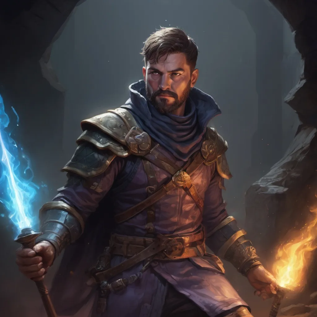 Prompt: Male stocky large mature Scottish fighter with short-cut hair and beard, exploring a dark astral magical dungeon in combat, pathfinder, d&d setting, in a realistic high quality digital art style, enhanced shadow quality, colorful